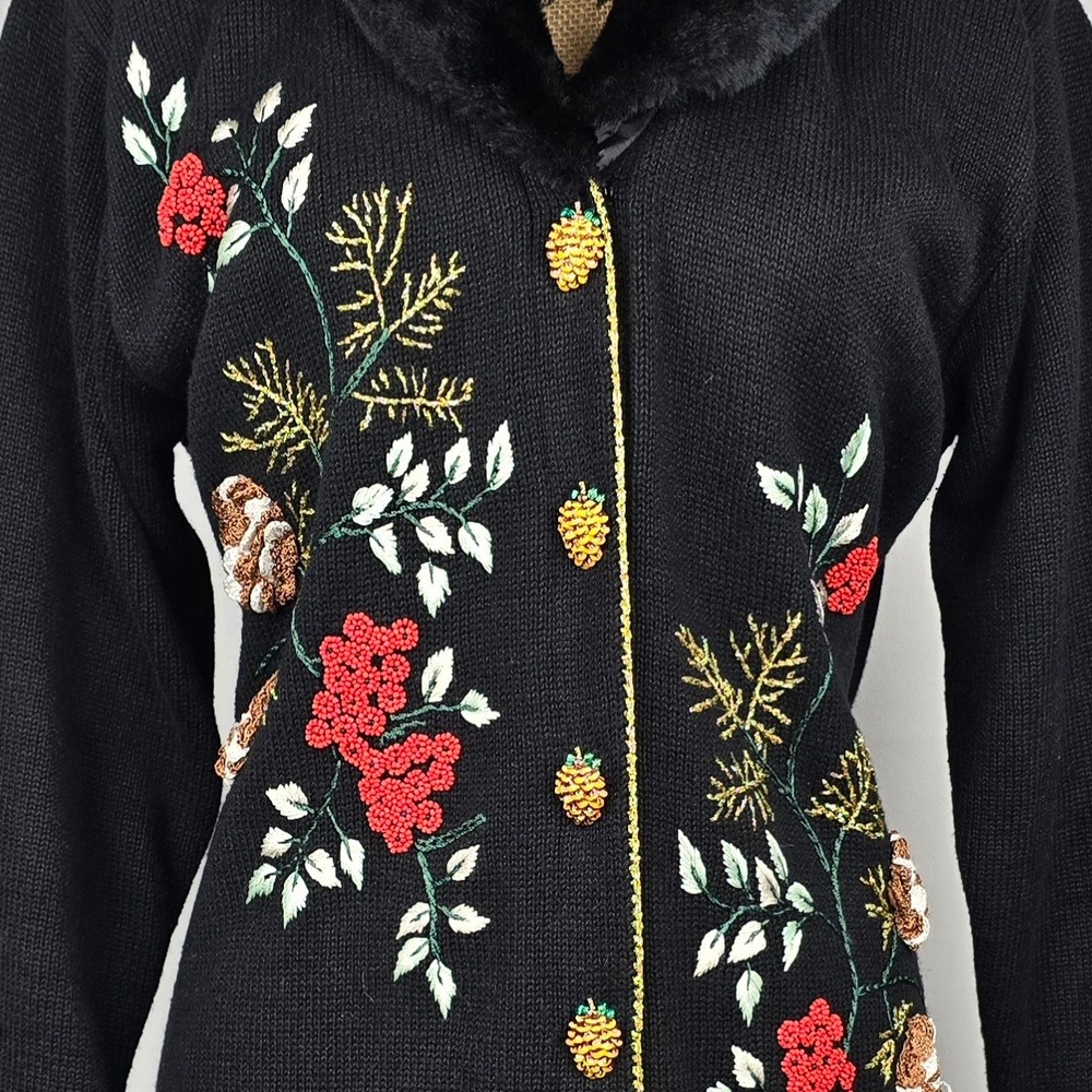 Storybook Knits Black Beaded Floral Cardigan Sweater Coat Faux Fur Trim Medium - Picture 7 of 16